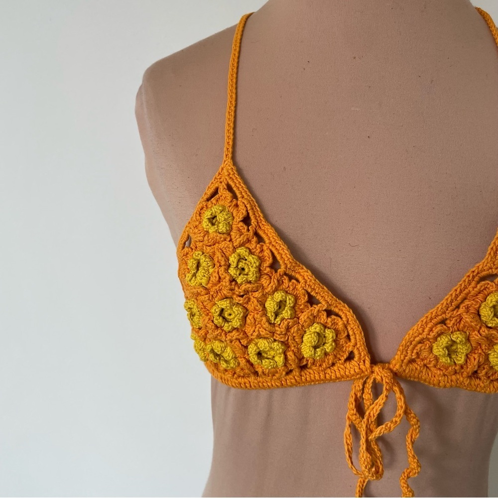 Cult Gaia Alivia Halter Orange Marigold Floral Crochet Bikini Swimsuit NWOT Sz L - Picture 10 of 12